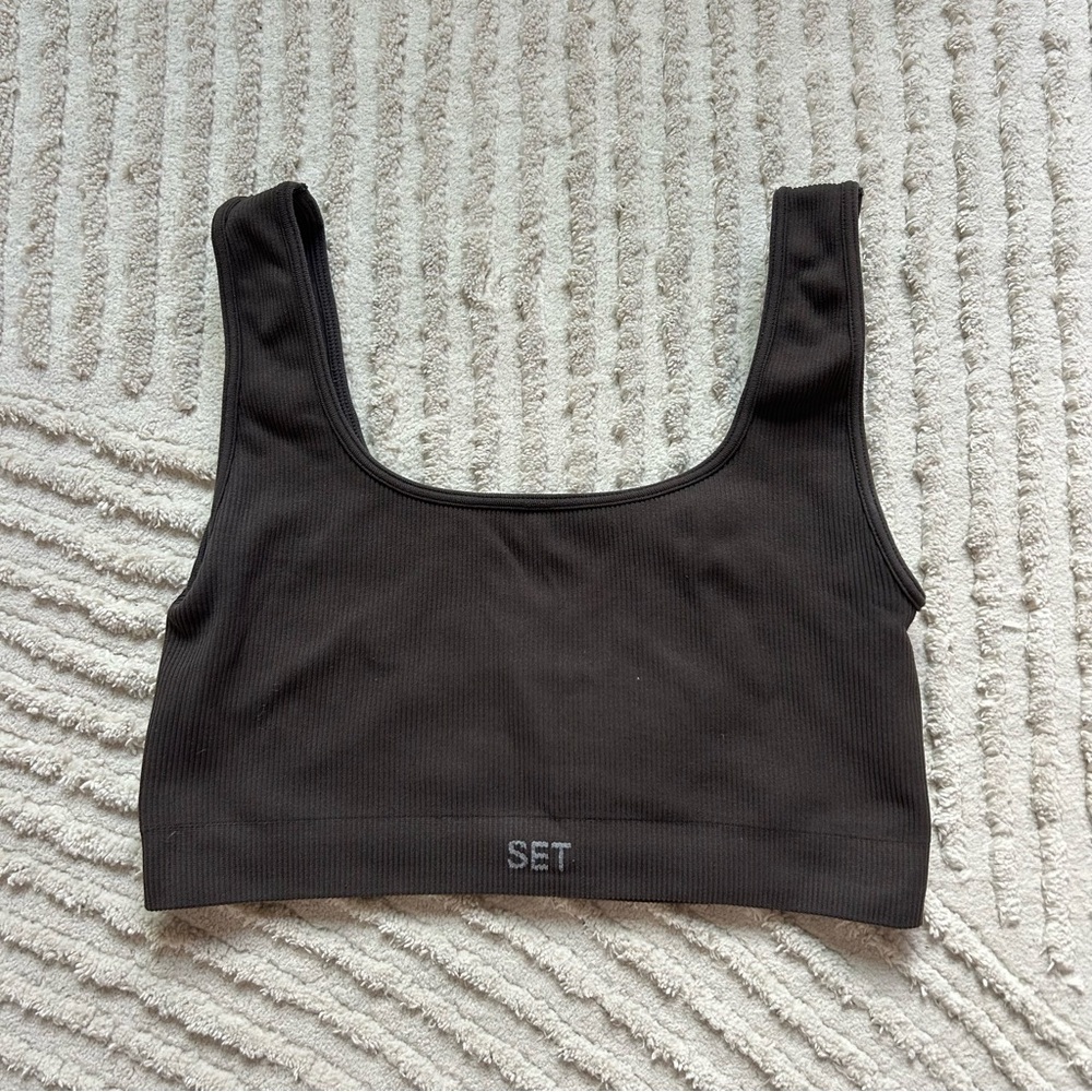 Set Active Brown Scoopneck Rib Bra